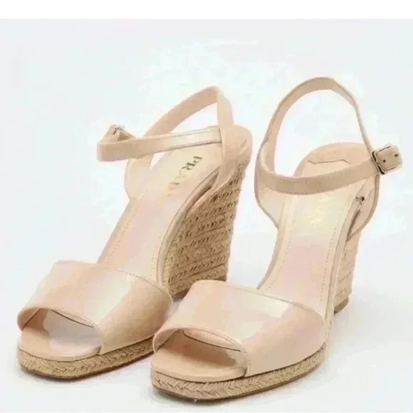 Prada Patent Leather Nude Espadrille Wedge Sandals Size 36.5 US 6.5 - Picture 9 of 9